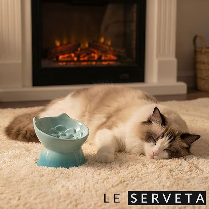 Macarons Series Ceramic Slow Feeder Cat Bowl, Raised Puzzle Feeder, Anti Vomiting Cat Slow Feeding, Elevated Food Bowl, Whisker Friendly Pet Bowl with Cute Ear Design (Gradient Green)