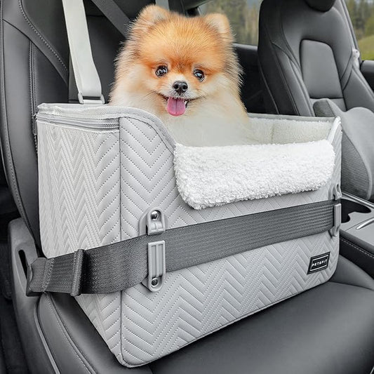 PETSFIT Dog Booster Car Seat, Waterproof PU Leather Dog Car Seats for Small Dogs with Patent Safe Buckles, Clip-On Leash, Pet Car Seat for Small Pets Up to 25lbs (Cool Grey)