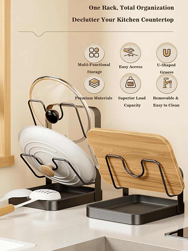 Pot Lid Holder & Spoon Rest, 2026 Upgraded Multifunctional Kitchen Organizer Rack with Removable Drip Tray, Space-Saving Countertop Stove Top Storage for Pots Pans (Gray-02)