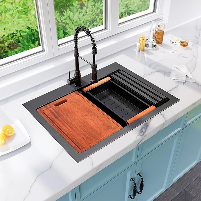 Drop In Black Kitchen Sink,Stainless Steel Sink 16 Gauge,Single Bowl Workstation Sinks (Black, 26" X 22")