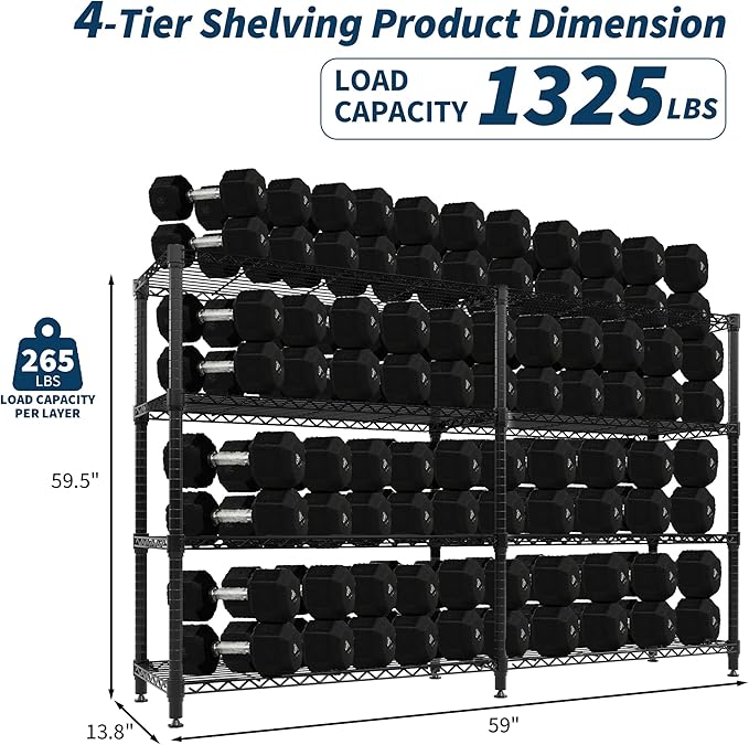 4 Tier Storage Shelving Unit Metal Shelves 70.8" W Wire Shelving, 59" H L-Shaped Pantry Shelves Kitchen Storage Shelves for Home Commercial Garage Heavy Duty, 70.8" W x 59.4" H x 15.7" D