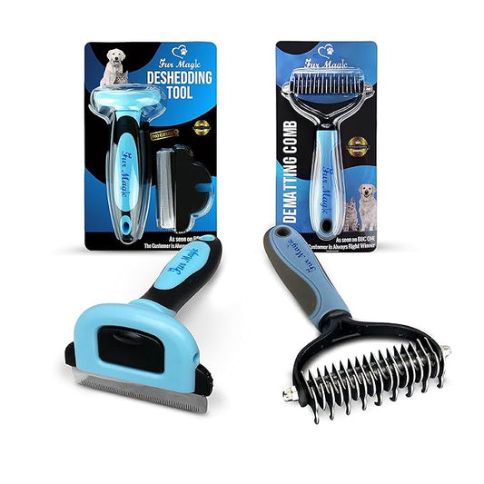Fur Magic Medium Deshedding Tool & Dematting Comb – Grooming Brushes for Dogs, Cats, Horses – Reduce Shedding and Remove Knots, Mats and Loose Undercoat