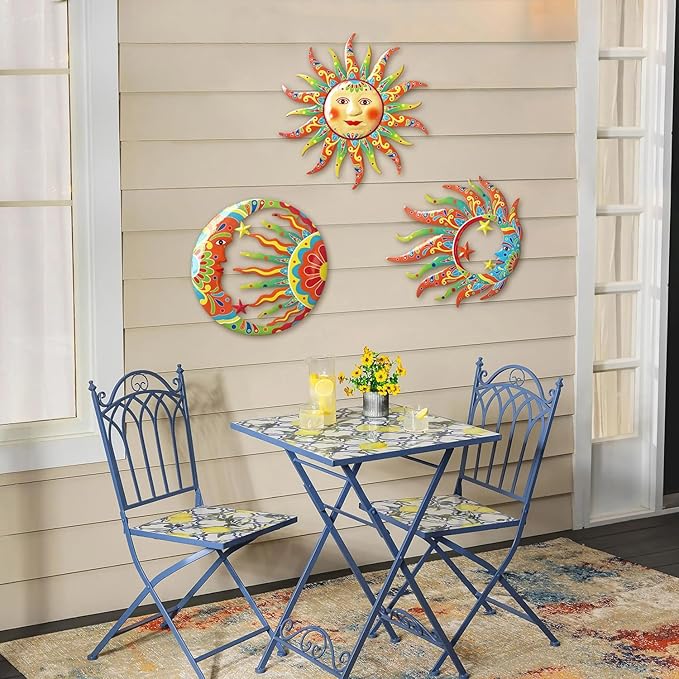 Limygus 3D Printed Sun Moon Metal Wall Art - Rust Colored Rust Proof Wall Sculpture Set of 3 for Indoor & Outdoor Decor for Bedroom, Garden, Patio, Farmhouse