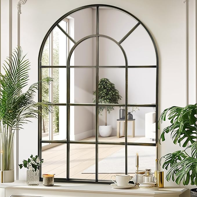 Arched Windowpane Wall Mirror 30"x48" Bronze Wall Mounted Art Pane Mirror Farmhouse Decorative Mirror Leaning Hanging Wall Mirror for Bedroom Living Room Entrance Hallway Wall Decor