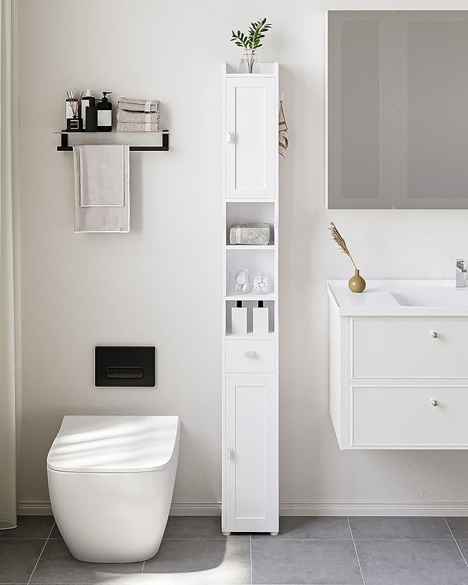 Bathroom Storage Cabinet, Narrow Tall Bathroom Cabinet, Freestanding Floor Cabinets with 2 Doors and 1 Drawer, Toilets Organizer with Adjustable Shelf, 1 Hook for Small Spaces, White