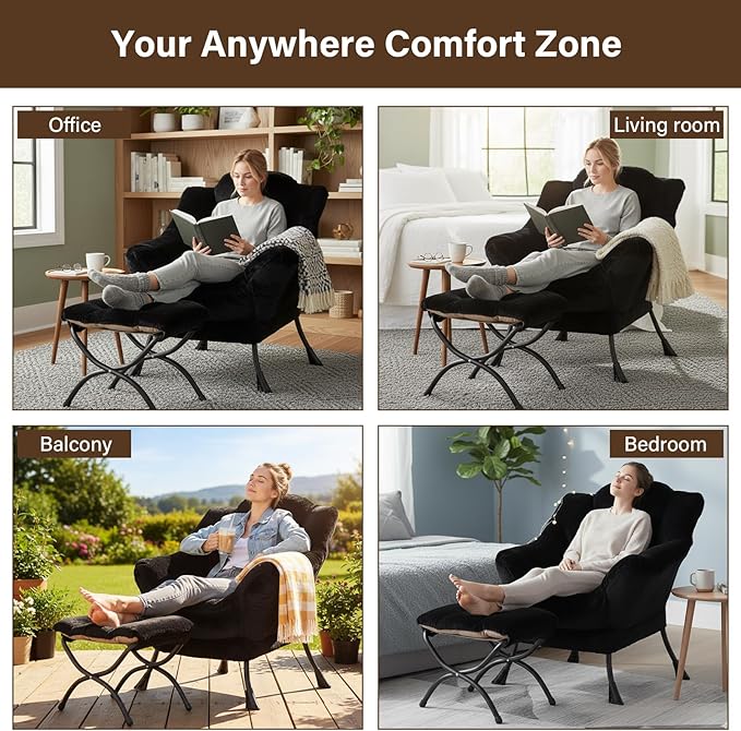 Welnow Lazy Chair with Ottoman, Modern Lounge Accent Chair with Armrests and a Side Pocket, Leisure Sofa Armchair, Reading Armchair with Footrest for Small Space, Plush Black