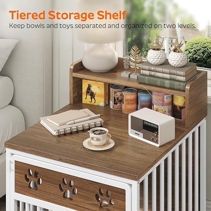 Dog Crate Furniture for Small Dogs, Wooden Dog Kennel, Indoor Pet Crate End Table, Two-Tier Small Pet Crate, for Living Room, Bedroom, White and Walnut DC01WH
