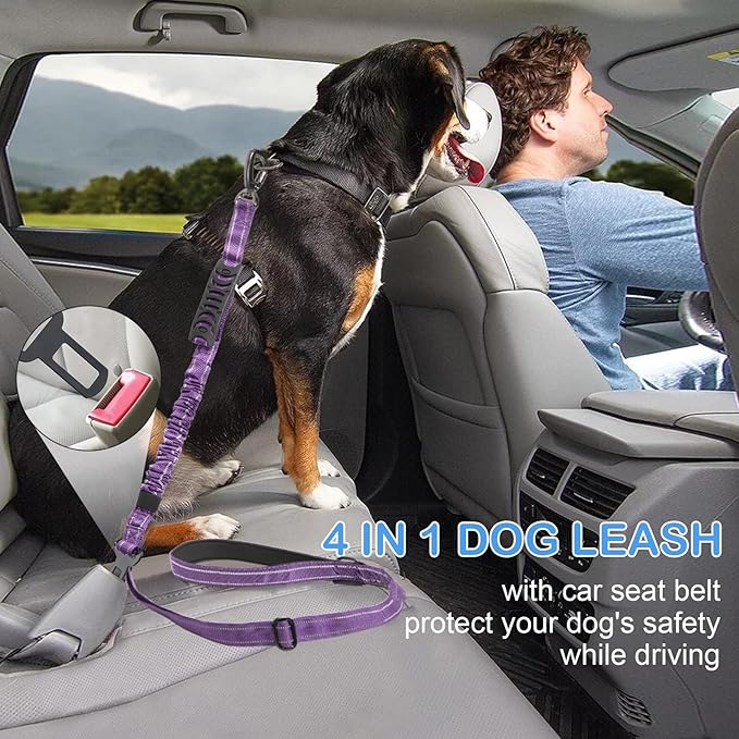 Heavy Duty Dog Leash for Medium Large Dogs That Pull,4-6FT Shock Absorbing Bungee Tactical Dog Leash with Control Padded Handle and Car Seatbelt, Reflective Lead for walking training,Purple