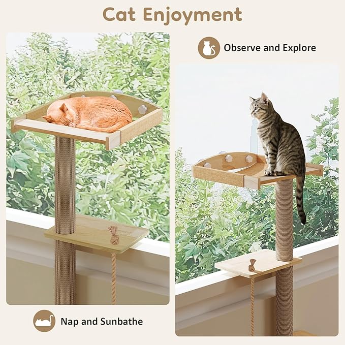 Cat Window Perch with Scratching Post, 47" Adjustable Window Perch for Large Cats with Hammock, Sisal Scratching Posts, Suction Cups, Multi-Level Cat Tree for Climbing, Sunbath, Bird Watching
