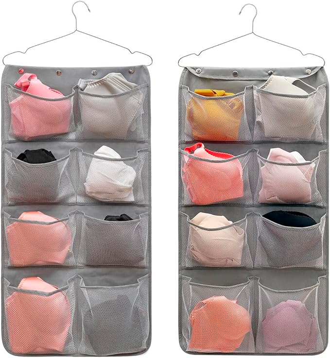 Dual Sided Hanging Closet Organizer Durable Socks Stocking Clothes Bra Accessories Storage Bag With 16 Large Pockets (Nylon Mesh Pockets)
