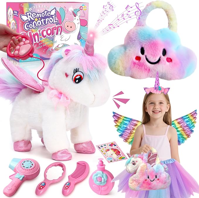 Walking Talking Remote Control Unicorn Toy for Girl Age 4-6, Electronic Interactive Plush Unicorn with Leash & Costume, Pretend Play Pet Care Toy Birthday Gift for Toddler Kid Girl Age 3 4 5 6 7
