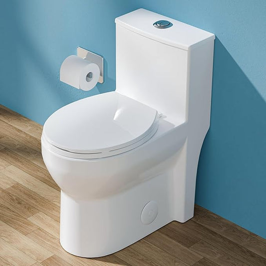 17 Inch Compact Modern Tall Toilet for Small Bathroom, Tornado Flush One Piece ADA High Toilet, Dual Botton 1.0/1.28 GPF, Chair Height, Comfort Bowl Heigh 16.7", Seat Height 17.5", White