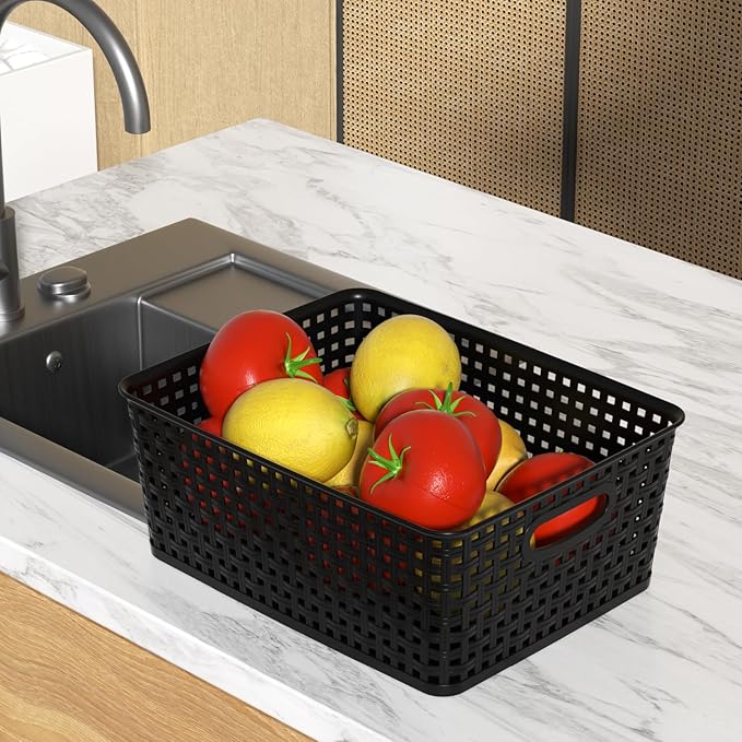 4 Packs Woven Plastic Storage Baskets, Plastic Basets Medium, Black