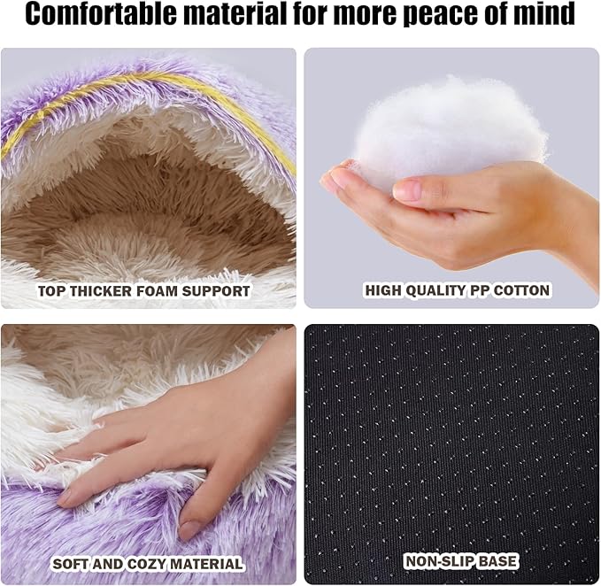 Cat Beds for Indoor Cats,Cat Cave for Puppy and Kitty,Calming Small Dog Bed for Small Dogs with Cover Cave,Cozy Warming Fluffy Washable Anti-Slip Pet Sleeping Bag(24 * 24inch,Purple)