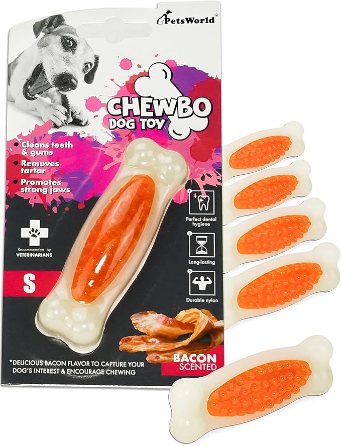 PETSWORLD Bacon Scented Dog Chew Toy for Tough Chewers. Cleans Teeth and Provides General Oral Health, Non-Toxic, Tough, Durable. for Small/Medium Dogs- 6 Ct