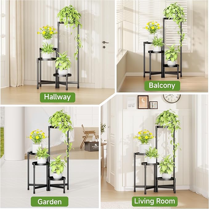 Folding Plant Stand Indoor Outdoor with Metal Tray, 4 Tiered Corner Flower Holder Shelf Metal Orchid Display Rack for Patio Porch Living Room Garden Balcony, Modern Black