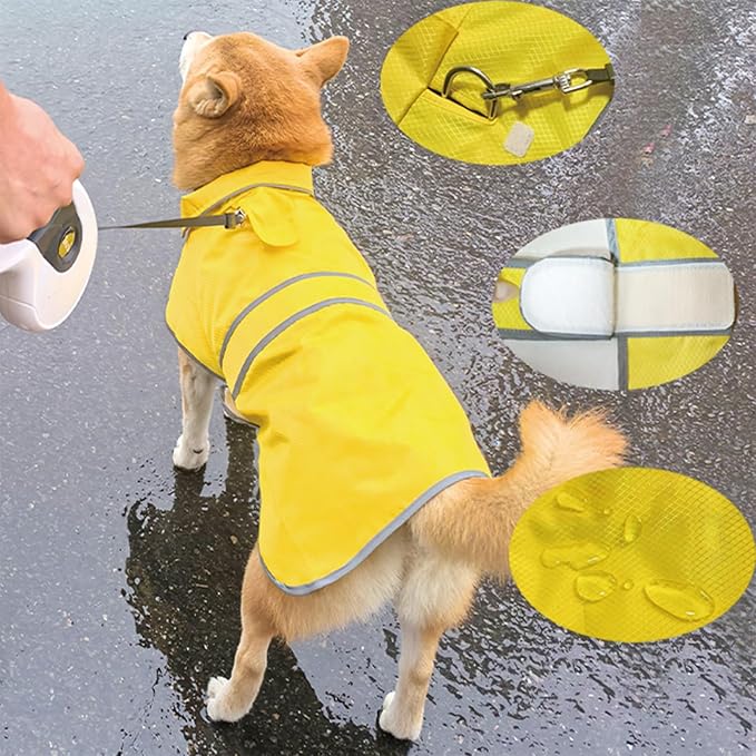 Dog Raincoat| Waterproof Adjustable & Lightweight Dog Jacket with Reflective Strips| Easy Step-in Closure for All-Weather| Fits Small Medium Large Dogs(Yellow,Medium)
