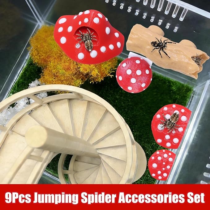 9 Pcs 3D Jumping Spider Enclosure Accessories Set, Red Magnetic Jumping Spider Mushroom Platforms, Climbing Net Trunk Hideouts for Small Pets Terrarium Decor