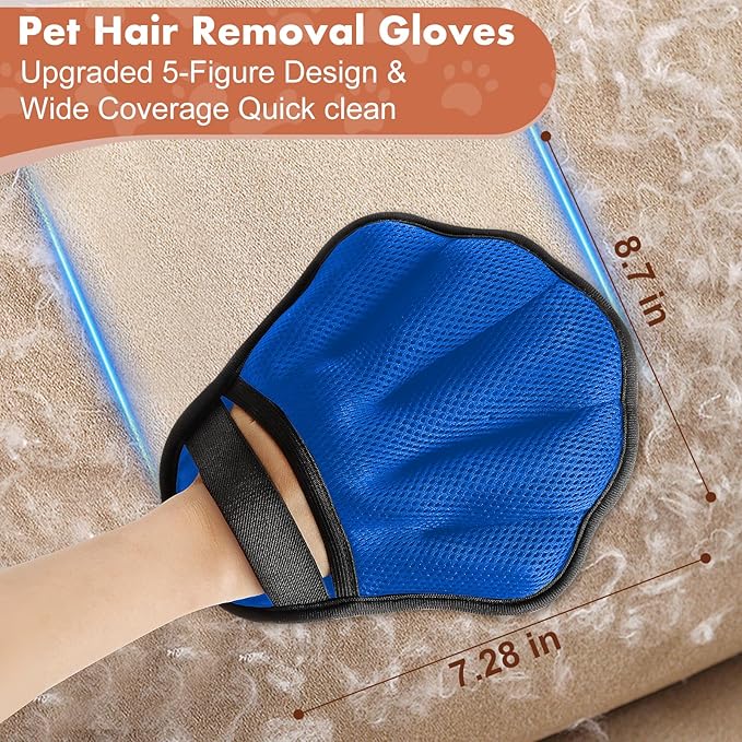 Pet Hair Removal Glove, Electrostatic Pet Hair Remover Glove for Cats & Dogs, Hair Remover Tools for Couch, Carpet, Clothing, Car Seat - Upgraded Five-Finger, Reusable, Blue+Grey