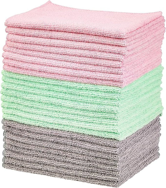 Amazon Basics Microfiber Cleaning Cloths, Ultra-Soft and Highly Absorbent, Streak-Free, Lint-Free, Scratch-Free, Washable, for Car Detailing and Glass Cleaning, 16" x 12", Green/Gray/Pink, 24-Pack
