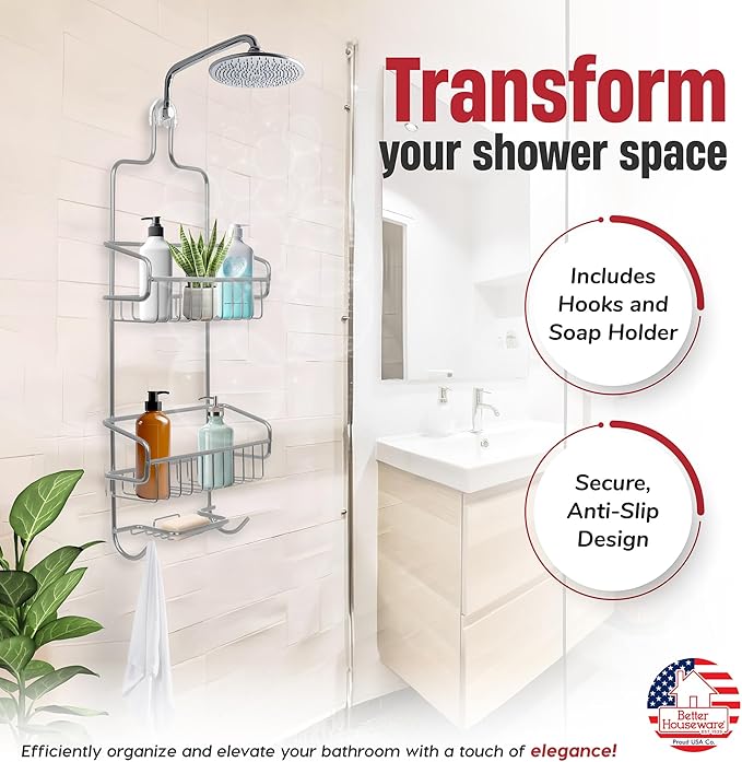 Better Houseware Aluminum Shower Caddy (Silver) + Soap Holder/Saver Set