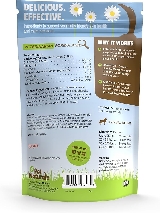 Pet Naturals Allergy Plus Calming for Dogs – 60 Ct Soft Chews, Seasonal Allergy & Stress Support with Quercetin, Salmon Oil, Probiotics & L-Theanine, Duck Flavor Supplement