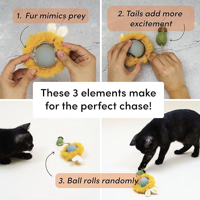 Pounce Mat Interactive Cat Toy by Paw Paw – Motion-Activated Rolling Ball with Bunny Ears & Mouse Tail, 2-in-1 Hide & Seek Hunting Play Mat for Indoor Cats