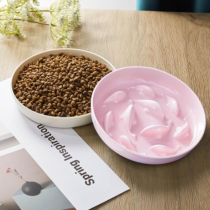 Nitial 2 Pcs Cat Slow Feeder Bowl Fish Pool Design Feeder Dish Fun Interactive Cat Food Bowl Healthy Eating Diet Bowls for Pet Puppy Dogs Dishwasher Safe(White, Pink)