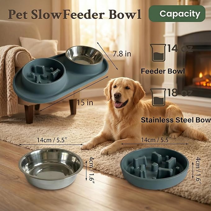 Slow Feeder Dog Bowls 2-in-1 Non-Spill - Anti-Slip Puzzle Feeder Dog Bowl with Stainless Steel Water Bowl, Dual Pet Food & Water Bowl Set for Bloat Prevention for Puppies Cat & Large Dogs