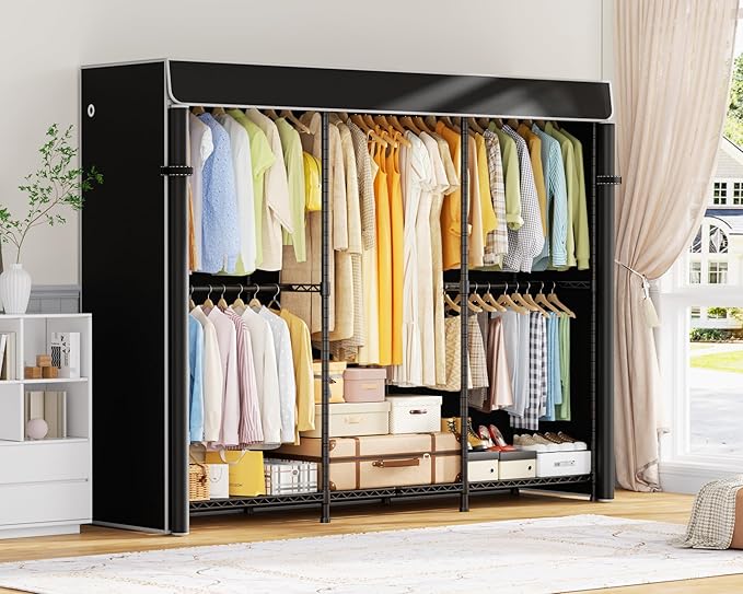 E14C Pro Heavy Duty Closet Organizer System，Freestanding Clothing Racks for Hanging Clothes，Adjustable Garment Rack 70.1"W × 16.6"D × 76.4"H Hold 960 lbs，Black Rack with Black Dustproof Cover