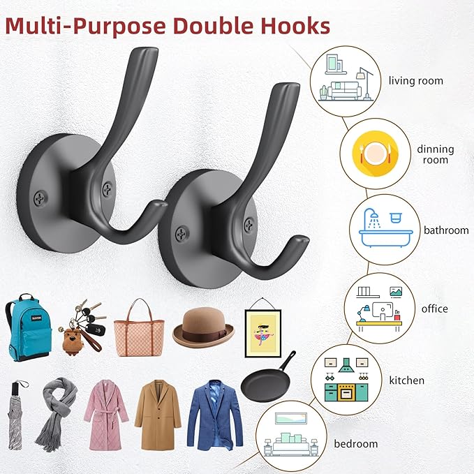 ZUONAI Black Coat Hook Heavy Duty 12 Pack Matte Black Hooks for Hanging Coats and Hat Hook Door Towel Hooks for Bathrooms Wall Mounted Double Metal Robe Hook Kitchen Hanger Sturdy Coat Locker Single