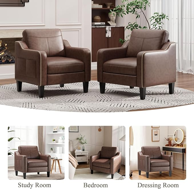 PU Leather Accent Chair, Mid-Century Modern Living Room Armchair Sofa with Removable Cushions, Solid Wood Frame & Stitched Armrest Design, Bedroom Chair with Plastic Legs, Chocolate Brown