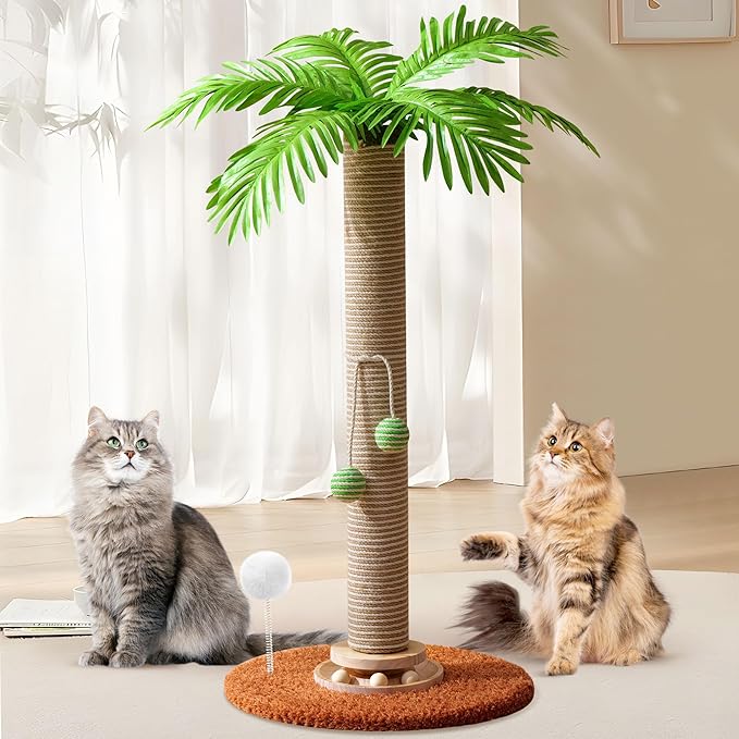 Cat Scratching Post Cat Tree, 32'' Tall Cute Palm Cat Scratcher Tower with Durable Solid Wood Turntable Toy, Sisal Rope Cat Scratcher Post with Interactive Ball for Indoor Adult Cats Climb Play