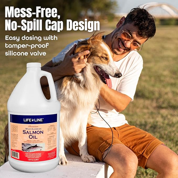 Life Line Wild Alaskan Salmon Oil for Dogs & Cats | Omega-3 Fish Oil Supplement for Skin Health, Shiny Coat & Joint Support – 128 oz