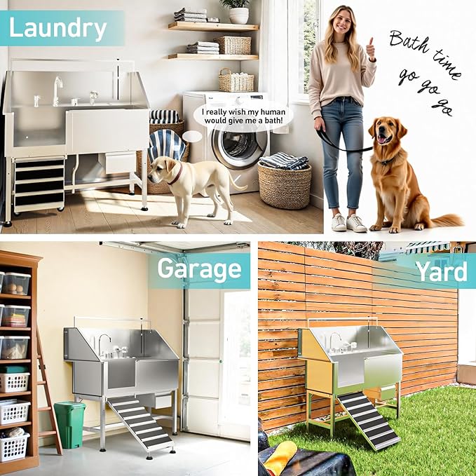 56" Professional Dog Washing Station, 304 Stainless Steel Pet Grooming Tub with Removable Ramp, 1.0mm Thick Anti-Rust Bath Tub, Adjustable Height & Detachable Faucet Kit for Dogs & Cats
