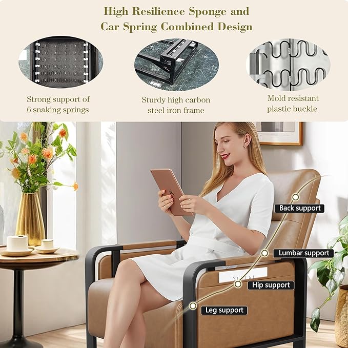 Brown PU Leather Accent Chairs Set of 2 with Side Table Modern Upholstered Armchair Leisure Side Chairs for Living Room Bedroom Office