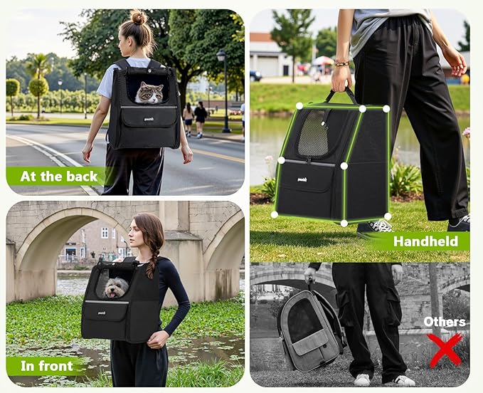 Expandable Cat Backpack Carrier — Ventilated Mesh, Safety Leash, Up to 11lbs (Black)