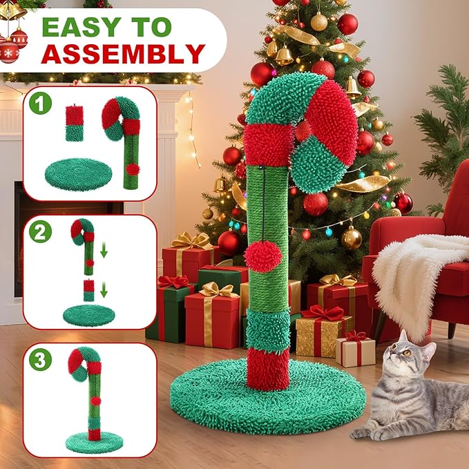 Christmas Cat Scratching Post 21.6" Candy Cane Holiday Scratch Post Small Natural Sisal Cat Scratcher for Indoor Cats and Kittens