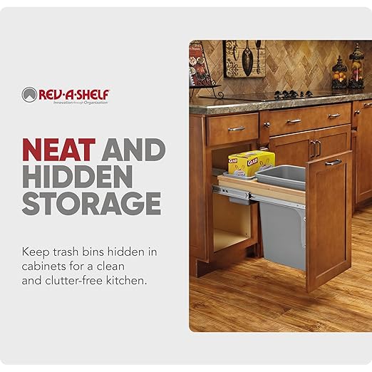 Rev-A-Shelf Top Mount Single Pullout Under Cabinet 35 Quart Kitchen Trash Cans w/ Soft-Close, 150 Pound Rated Full-Extension Slides, 4WCTM-12BBSCDM1