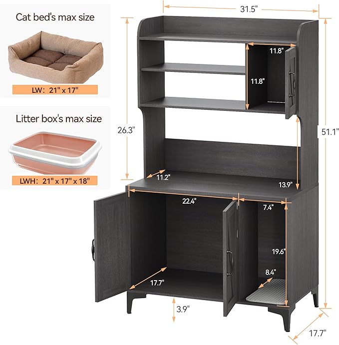 IDEALHOUSE Cat Litter Box Enclosure with Shelves and Doors,Wood Sturdy Hidden Litter Box Furniture,Indoor Cat House Furniture for Most of Litter Box,Litter Box Cabinet,Walnut Color