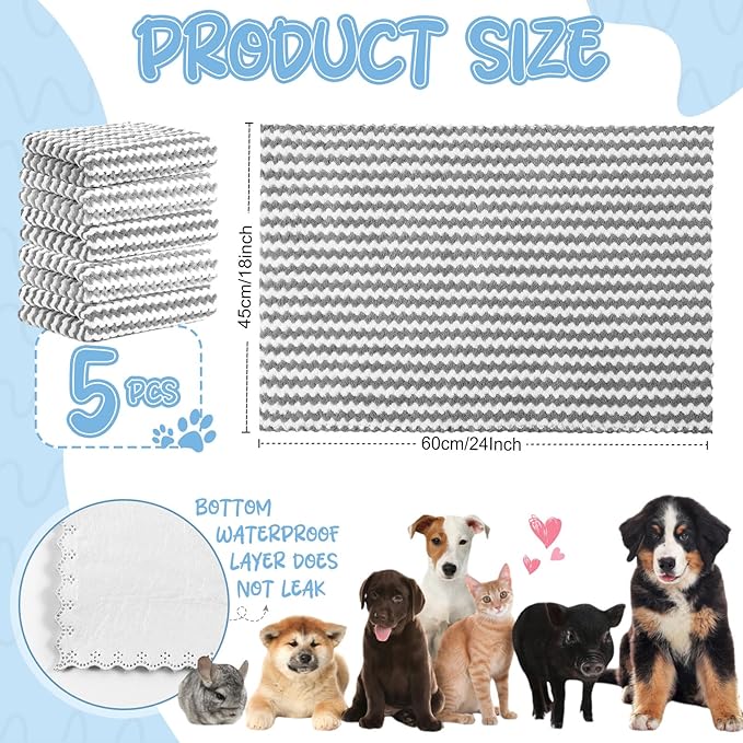 5 Pcs Waterproof Guinea Pig Fleece Bedding Blankets Absorbent Guinea Pig Cage Liner Washable Small Animal Pee Pad Reusable Pet Blanket Wash Cloth Bedding Mat Pad(Gray,18 x 24 Inch)