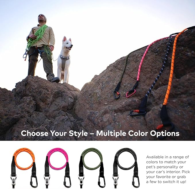Dog Seat Belt for Car | Universal Dog Car Seatbelt | Durable Reflective Rope with Clip Hook Latch, Buckle and Carabiner- Safe and Secure Pet Safety Restraint (Orange)