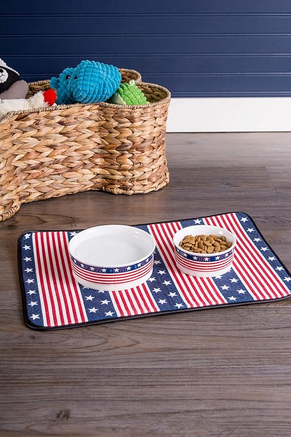 Bone Dry Ceramic Food & Water Bowls for Pets Non-Slip for Secure, Less Messy Feeding, Microwave & Dishwasher Safe, Single Dish Large, 7.5x2.4", Red White & Blue