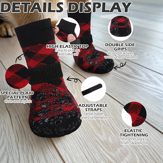 EXPAWLORER Dog Socks for Cold Winter Snow to Prevent Licking Paws, Anti Slip Doggie Booties Grippy Shoes for Hardwood Floors, Boots & Paw Protectors for Small Medium Large Senior Dogs Red Black M
