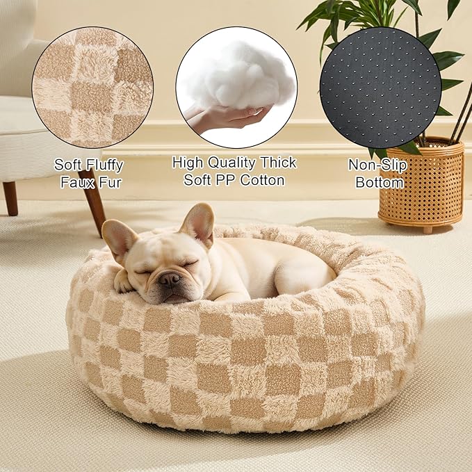 Dog Calming Beds for Small Medium Large Dogs - Round Donut Washable Puppy Dog Bed, Anti-Slip Faux Fur Fluffy Donut Cuddle Anxiety Cat Pet Bed (28" Grid)