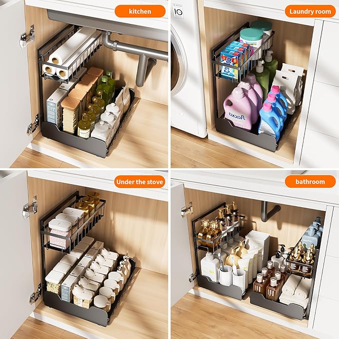 Under Sink Organizer, 2-Tier Thickened All-Metal L-Shaped Pull Out Cabinet Organizer Shelf, Height Adjustable Slide Out Storage Drawer for Kitchen, Bathroom, Laundry, Black, 2-Pack