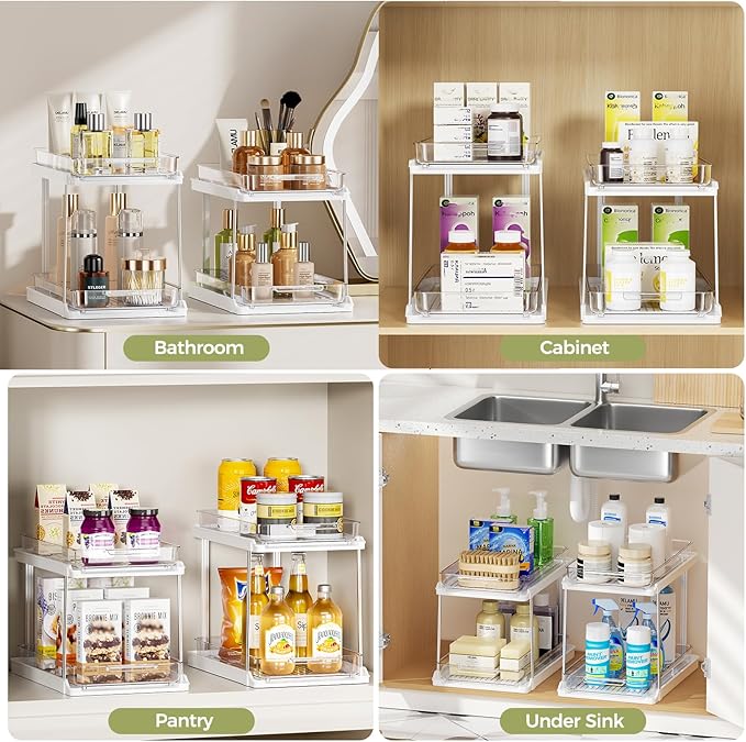 Delamu 2-Tier Bathroom Under Sink Organizers and Storage, Pull Out Cabinet Drawers with Anti-Slip Design & Two Sizes, Multi-Purpose Storage for Kitchen, Pantry, Bathroom & Home Organization, 2 Pack