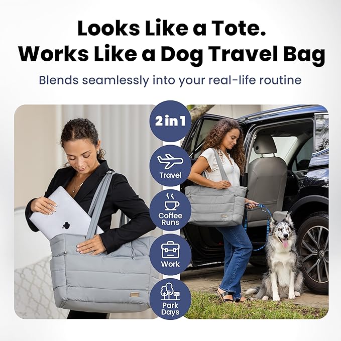 Puffer Dog Travel Bag for Dog Moms – Doggy Diaper Bag with Pet Bowls & Food Storage or Everyday Puffy Tote – Christmas Doggy Mom Gifts for Women – Lightweight, Travel-Ready Gift for Pet Lovers - Grey