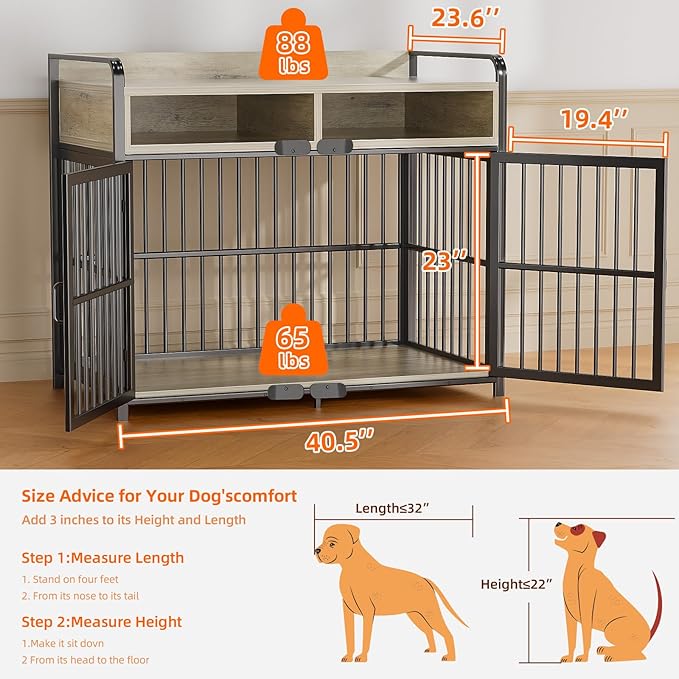 Large Dog Crate Furniture with Drawers Storage, Puppy Dog Kennel Indoor with Double Doors, Heavy Duty Wooden Dog Cage Table, Sturdy Metal, Gray