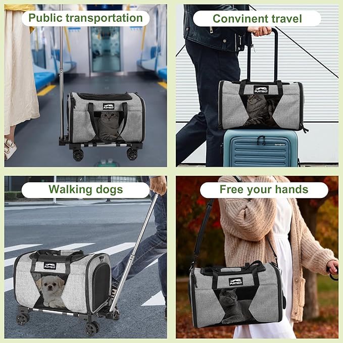 Cat Carrier with Wheels – Airline Approved Pet Travel Backpack, Soft-Sided Collapsible Rolling Carrier for Cats and Small Dogs, Expandable Top Loading Ventilated Design, Grey